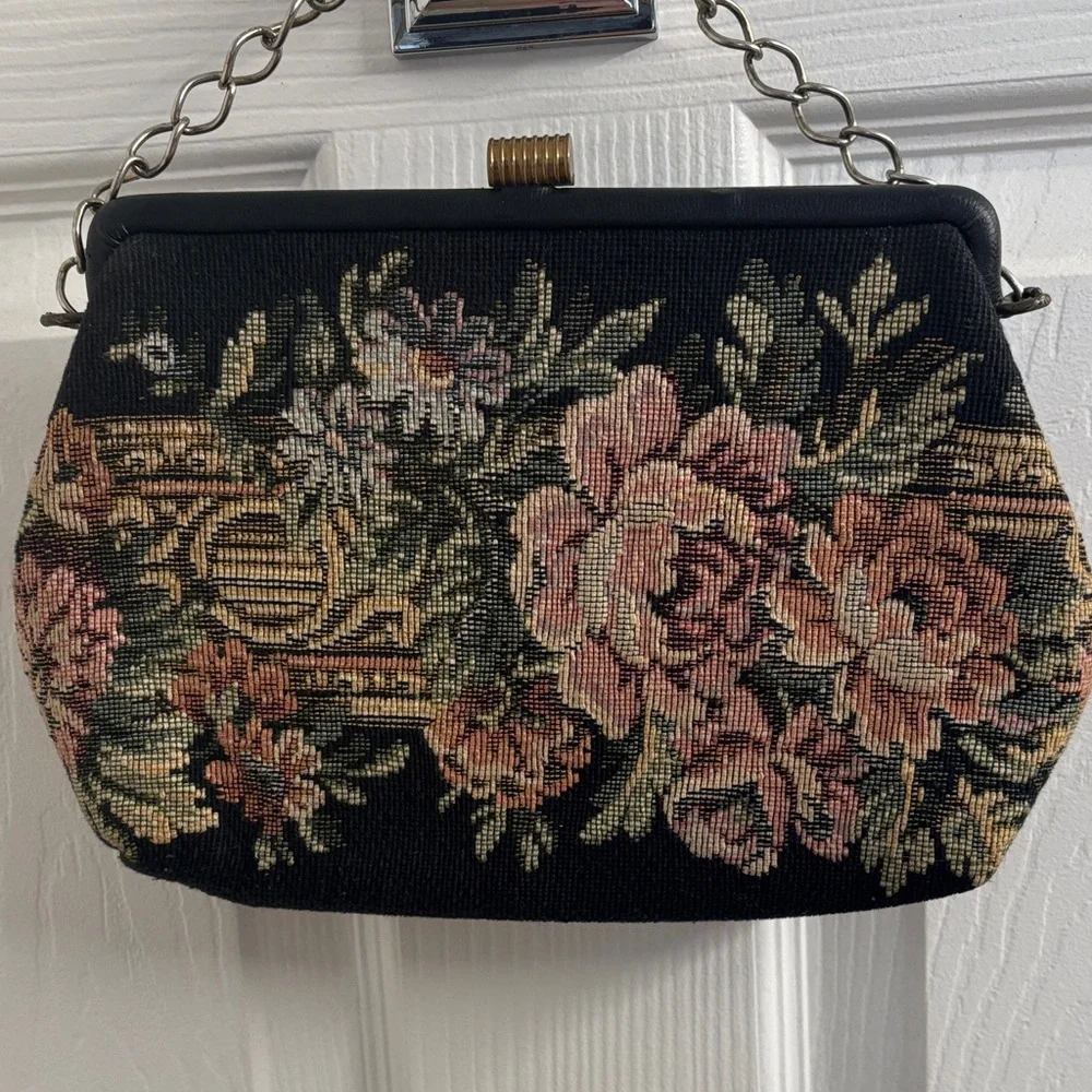 Vintage Needlepoint Floral Tapestry Evening Bag - Black and Pink w/gold hardware